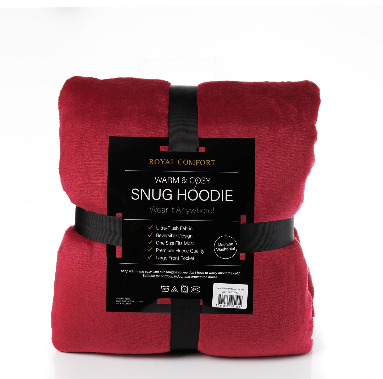 Royal Comfort Snug Hoodie Nightwear Super Soft Reversible Coral Fleece 750GSM - Red