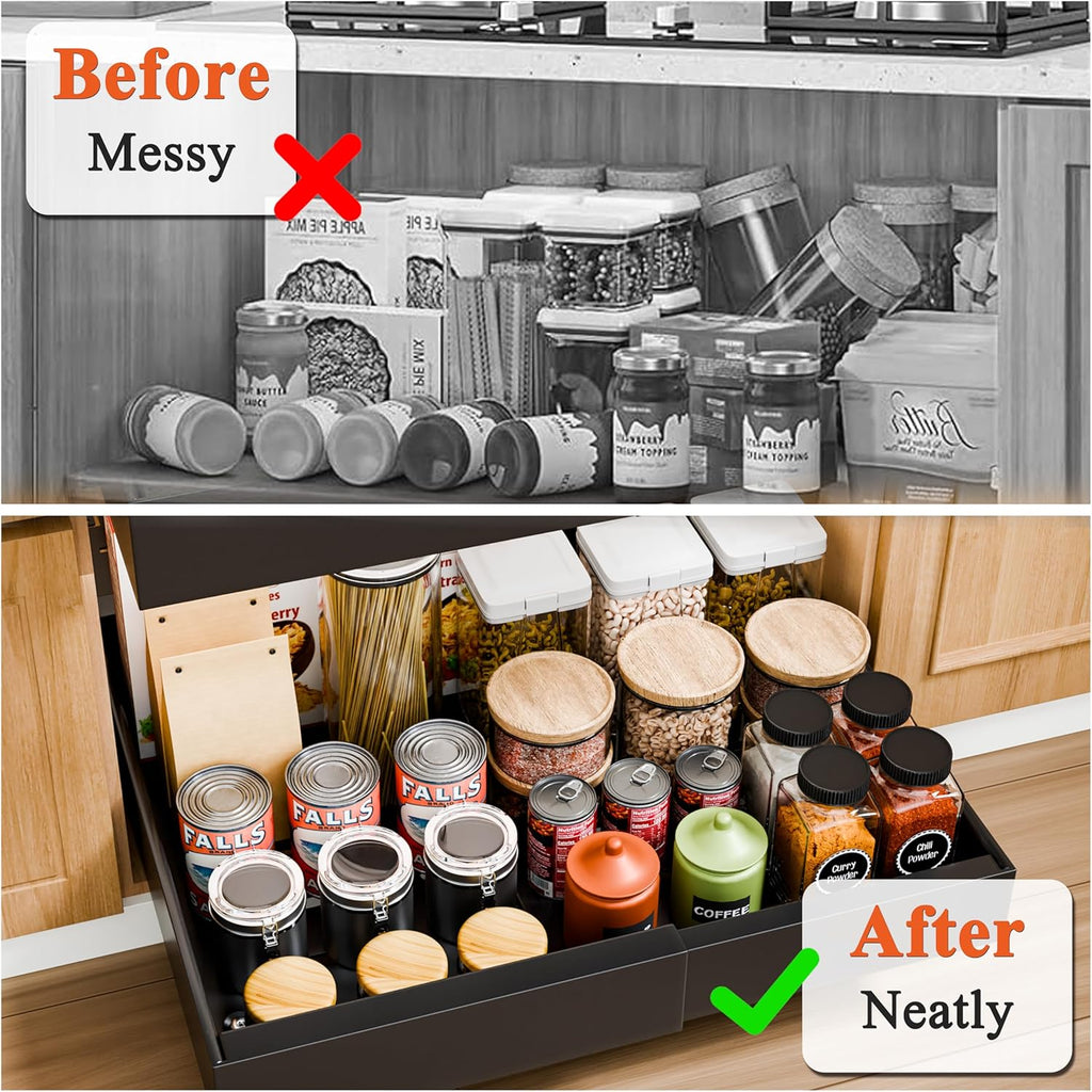 CARLA HOME Pack Pull Out Cabinet Organizer Expandable for Cabinets with Adjustable Slide Out Shelves and Easy Installation (Black)