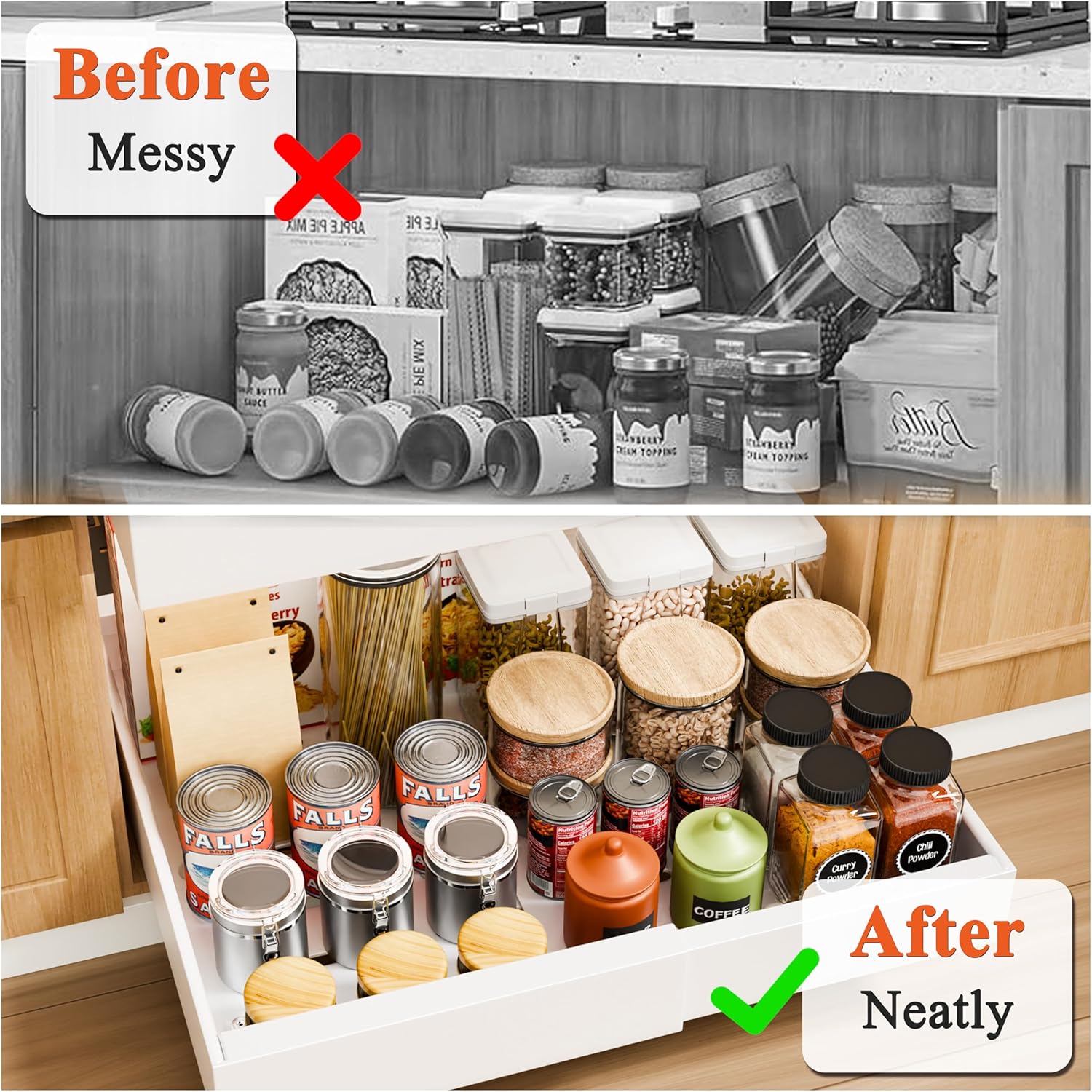 CARLA HOME 2 Pack Pull Out Cabinet Organizer Expandable for Cabinets with Adjustable Slide Out Shelves and Easy Installation (White)