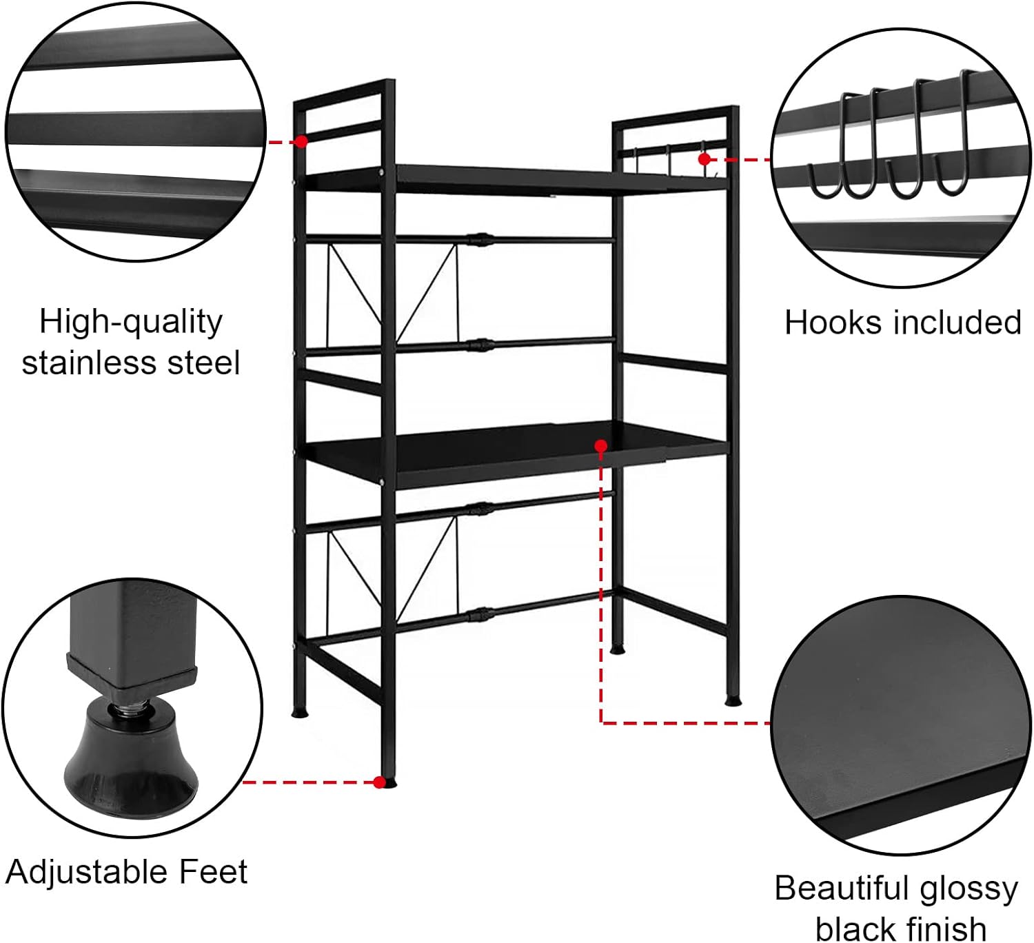 CARLA HOME 3-Tier Microwave Oven Rack with Adjustable Metal Kitchen Shelf Stand for Countertop Storage and 6 Hooks for Utensils