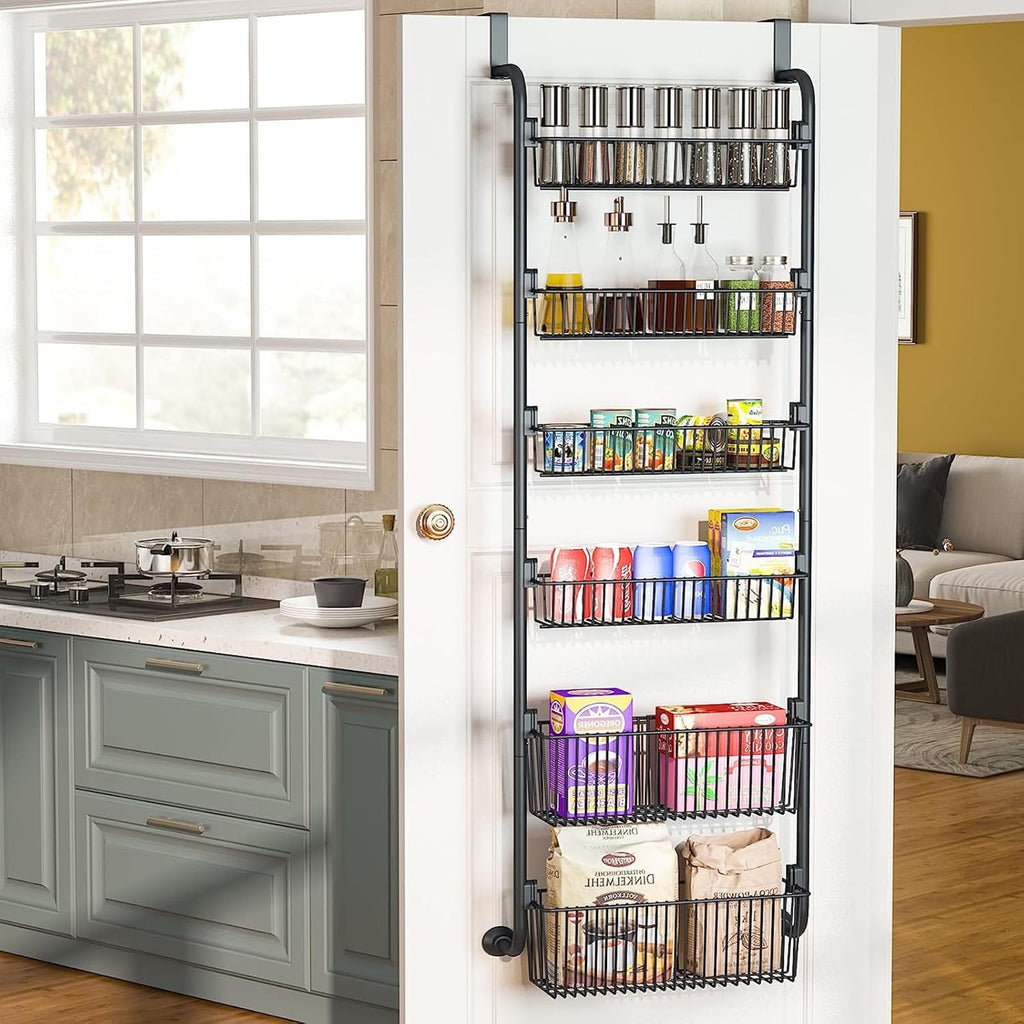 CARLA HOME 6-Tier Over the Door Organizer Heavy-Duty Metal Pantry Rack with Hanging Baskets for Home Kitchen Storage & Bathroom Door Organization (Black)