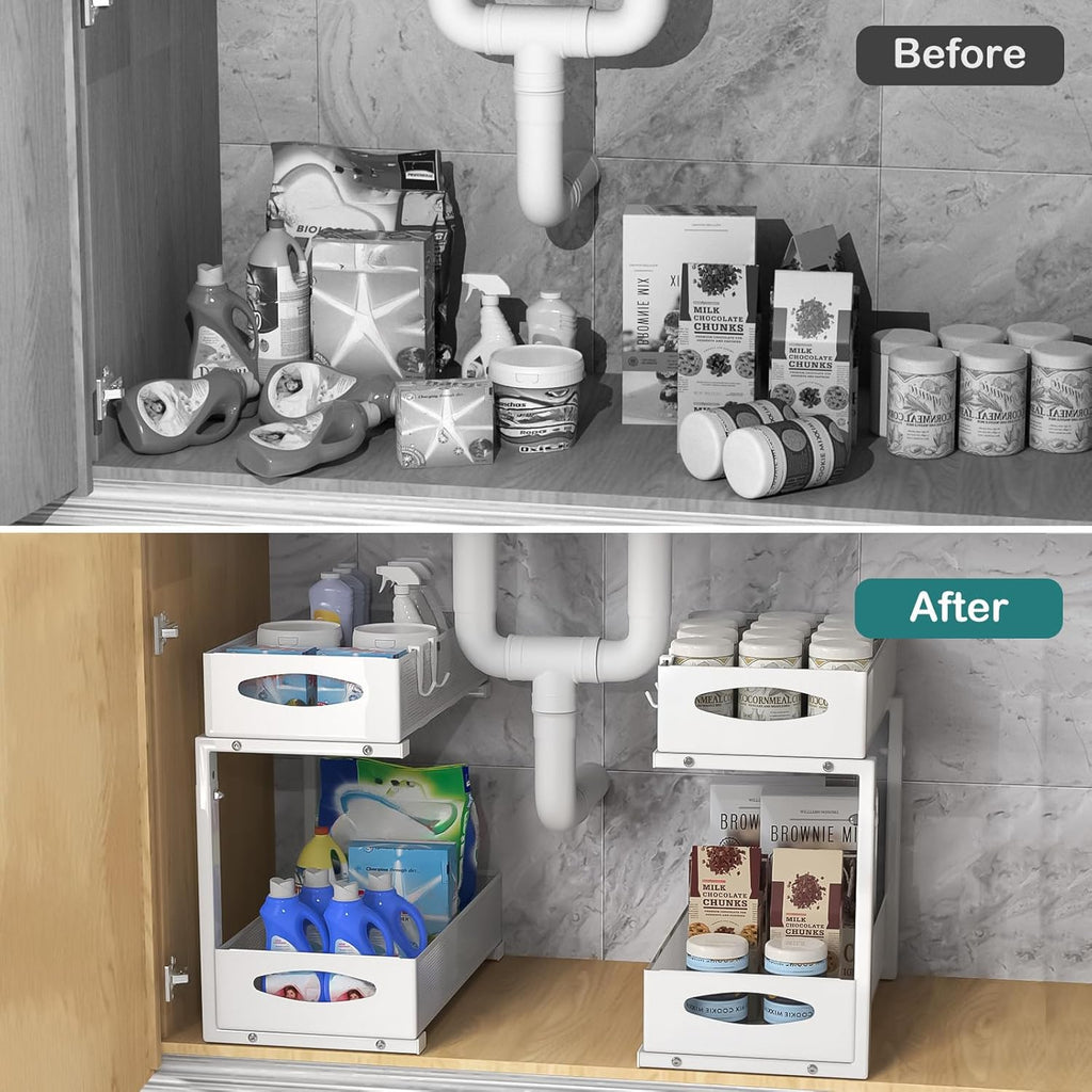 CARLA HOME 2 Tier Under Sink Organizer Pull Out Sliding Cabinet Storage Shelf with Height Adjustable for Kitchen, Bathroom or Laundry Room (White)
