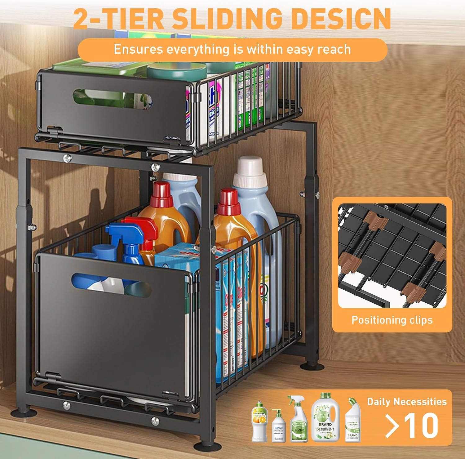CARLA HOME 2- Pack Under Sink Organizer with Sliding Drawers & Height Adjustable for Kitchen Bathroom Cabinet Organization