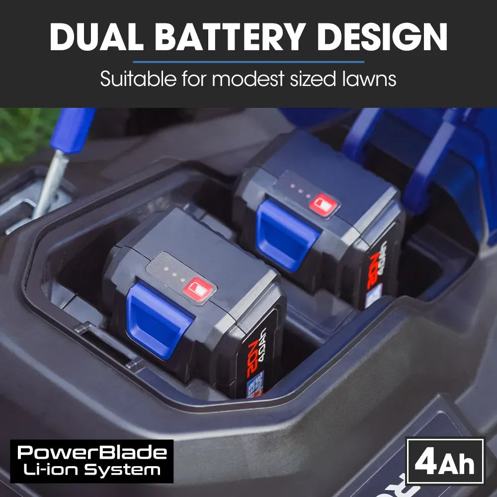 POWERBLADE 480CX 40V 17" Cordless Lawn Mower Kit, Fast Charger, 2 x 4Ah Batteries, 6 Stage Height, Brushless Electric, 430mm Cutting Path