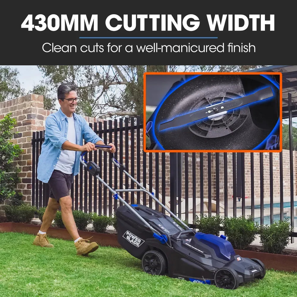 POWERBLADE 480CX 40V 17" Cordless Lawn Mower Kit, Fast Charger, 2 x 4Ah Batteries, 6 Stage Height, Brushless Electric, 430mm Cutting Path