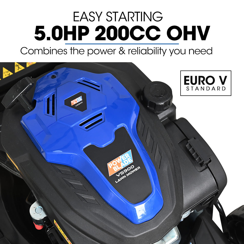 PowerBlade 20" 200cc Self-Propelled Lawn Mower, 7 Height, Steel Deck, Deck Wash Port, OHV 4-Stroke Petrol - VS900