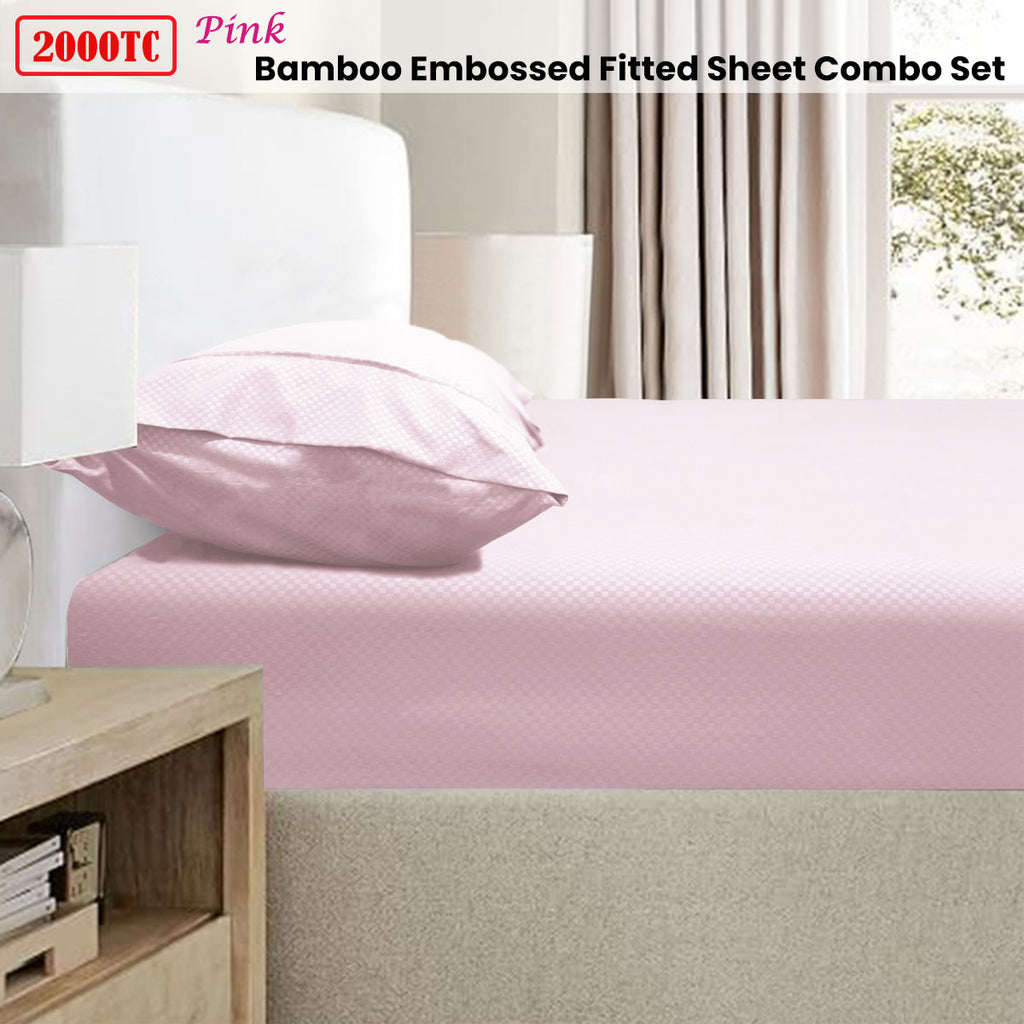 Ramesses 2000TC Bamboo Embossed Fitted Sheet Combo Set Pink Queen