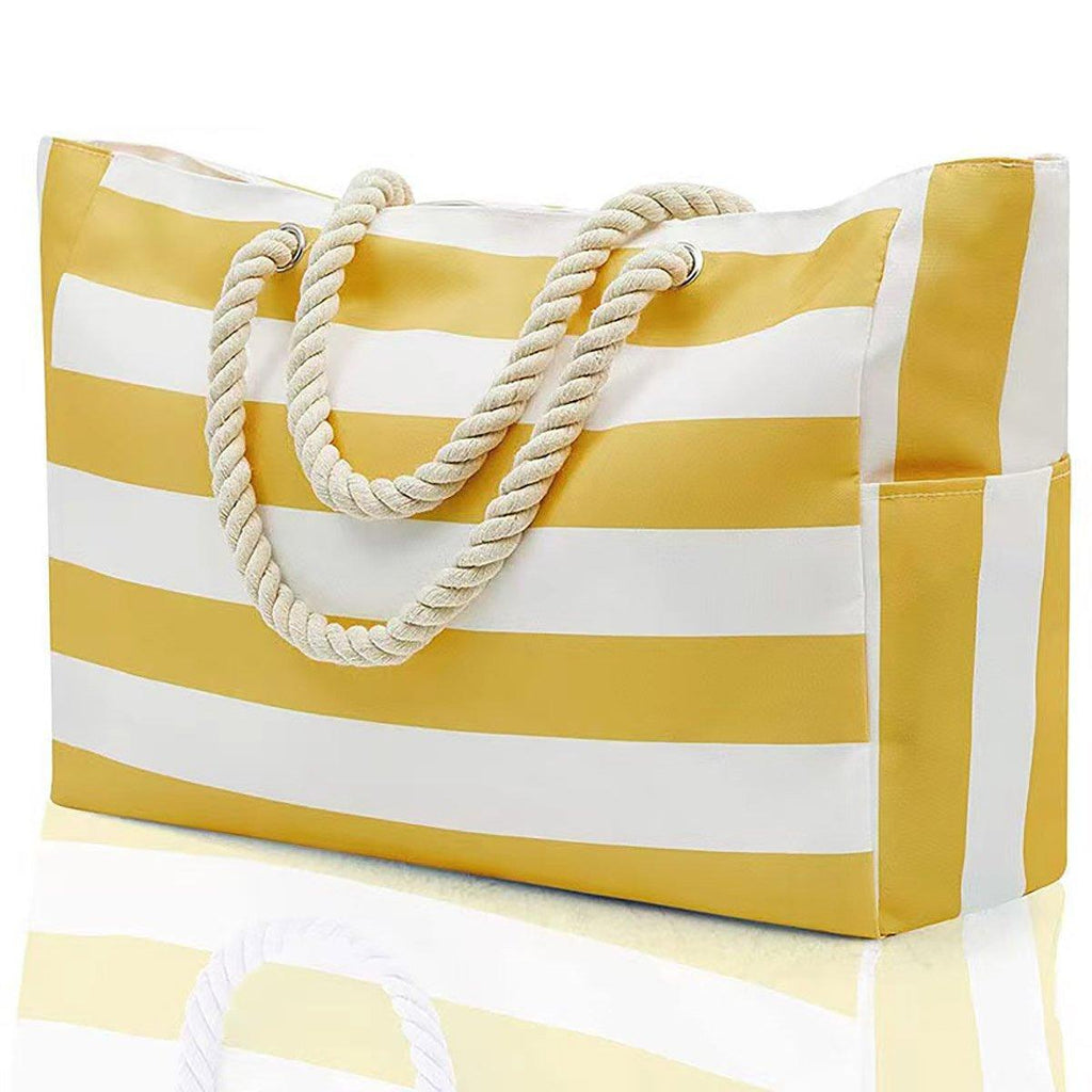 Large Bohemian Striped Canvas Beach Bag Zipper Tote for Travel Outdoor Vacation - Black