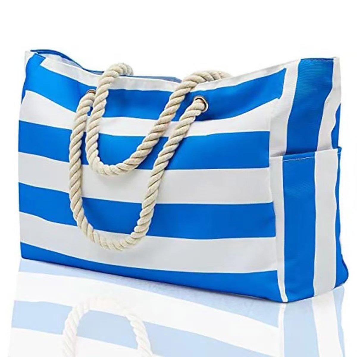 Large Bohemian Striped Canvas Beach Bag Zipper Tote for Travel Outdoor Vacation - Black