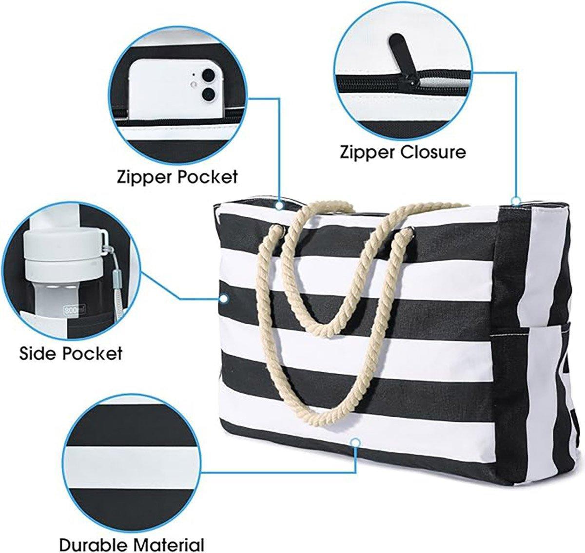 Large Bohemian Striped Canvas Beach Bag Zipper Tote for Travel Outdoor Vacation - Yellow