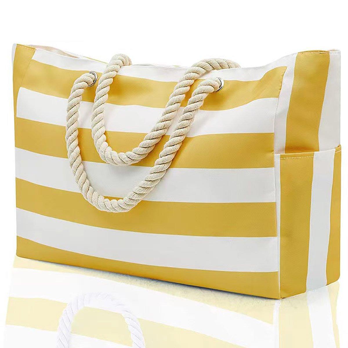 Large Bohemian Striped Canvas Beach Bag Zipper Tote for Travel Outdoor Vacation - Yellow