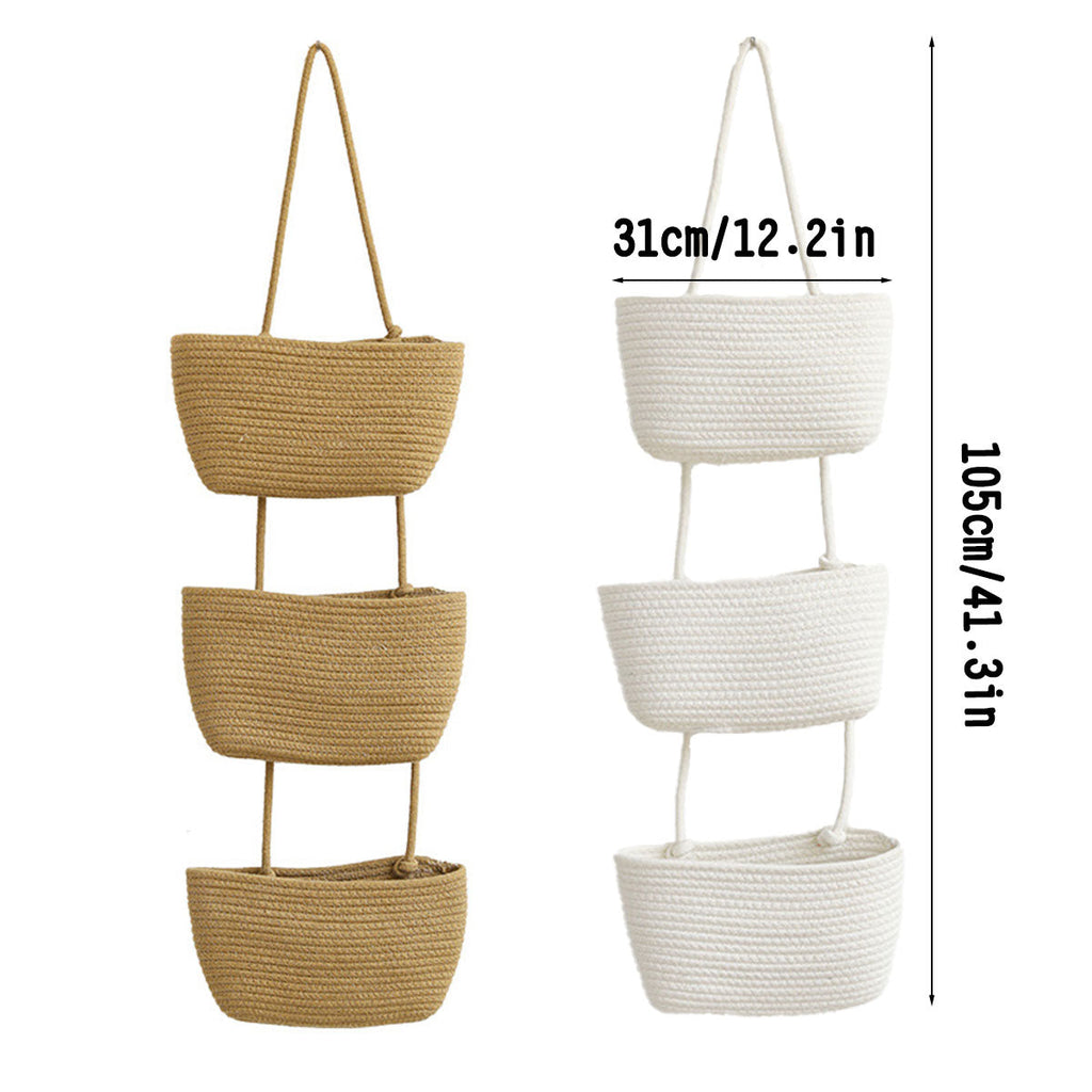 3 Layer Wall Mounted Storage Basket Hanging Organizer Rack for Household Items - Brown
