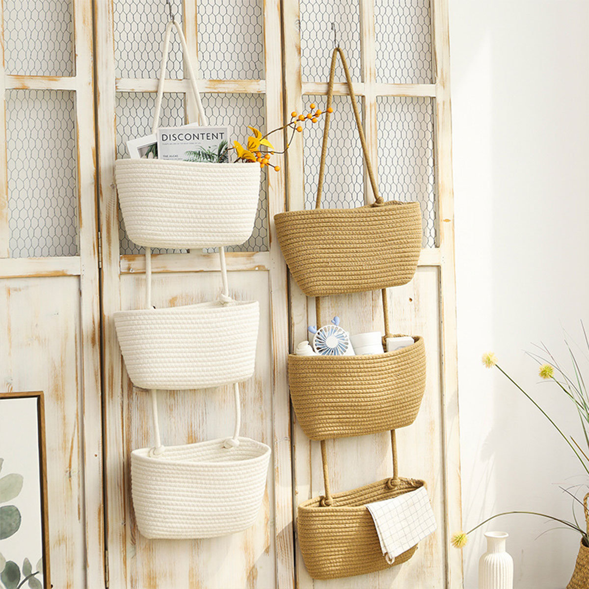 3 Layer Wall Mounted Storage Basket Hanging Organizer Rack for Household Items - Brown