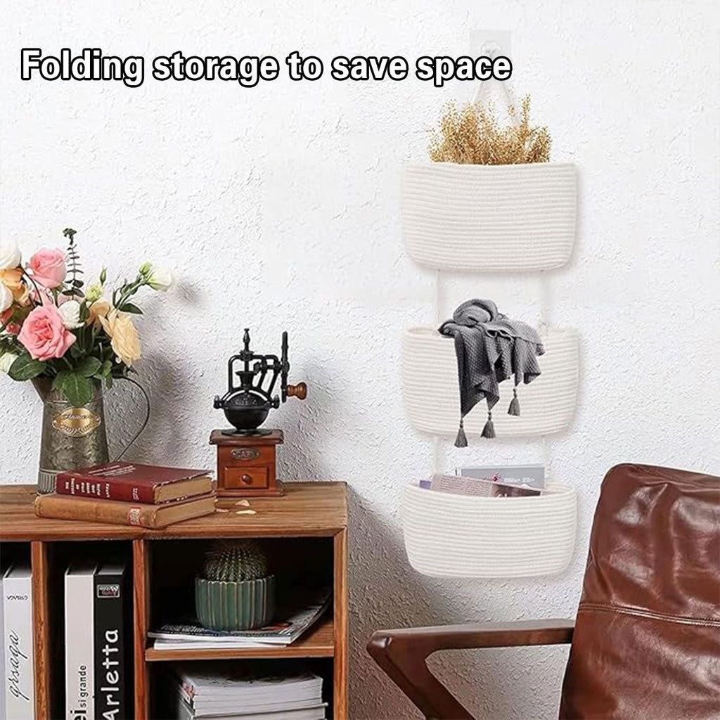 3 Layer Wall Mounted Storage Basket Hanging Organizer Rack for Household Items - Brown