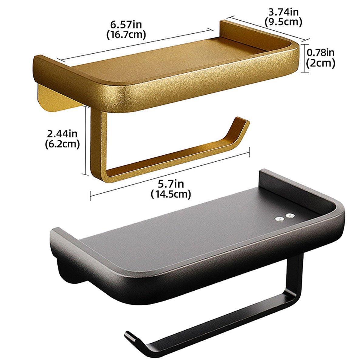 Wall Mounted Aluminum Toilet Paper Holder Non-perforated Tissue Cell Phone Shelf - Black