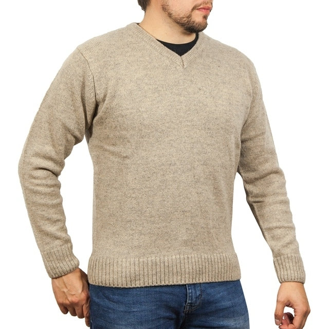 100% Shetland Ragg Wool V Neck Knit Jumper Pullover Mens Sweater Knitted - Oat Marle - XXL