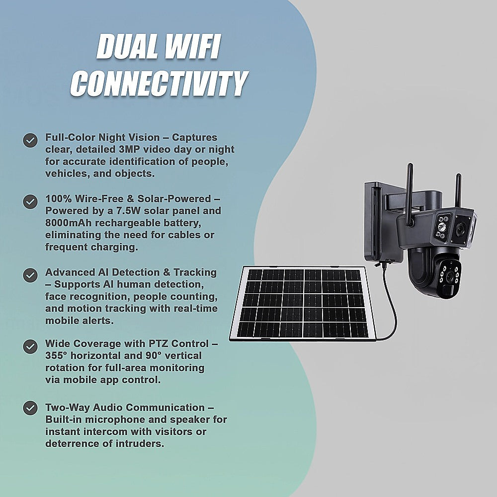 9MP Wireless Solar Camera WIFI Security Outdoor Battery PTZ CCTV Home House V380