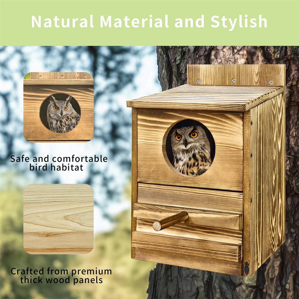 Large Wooden Screech Owl House Nesting Box with Perch - Outdoor Birdhouse for Garden Trees