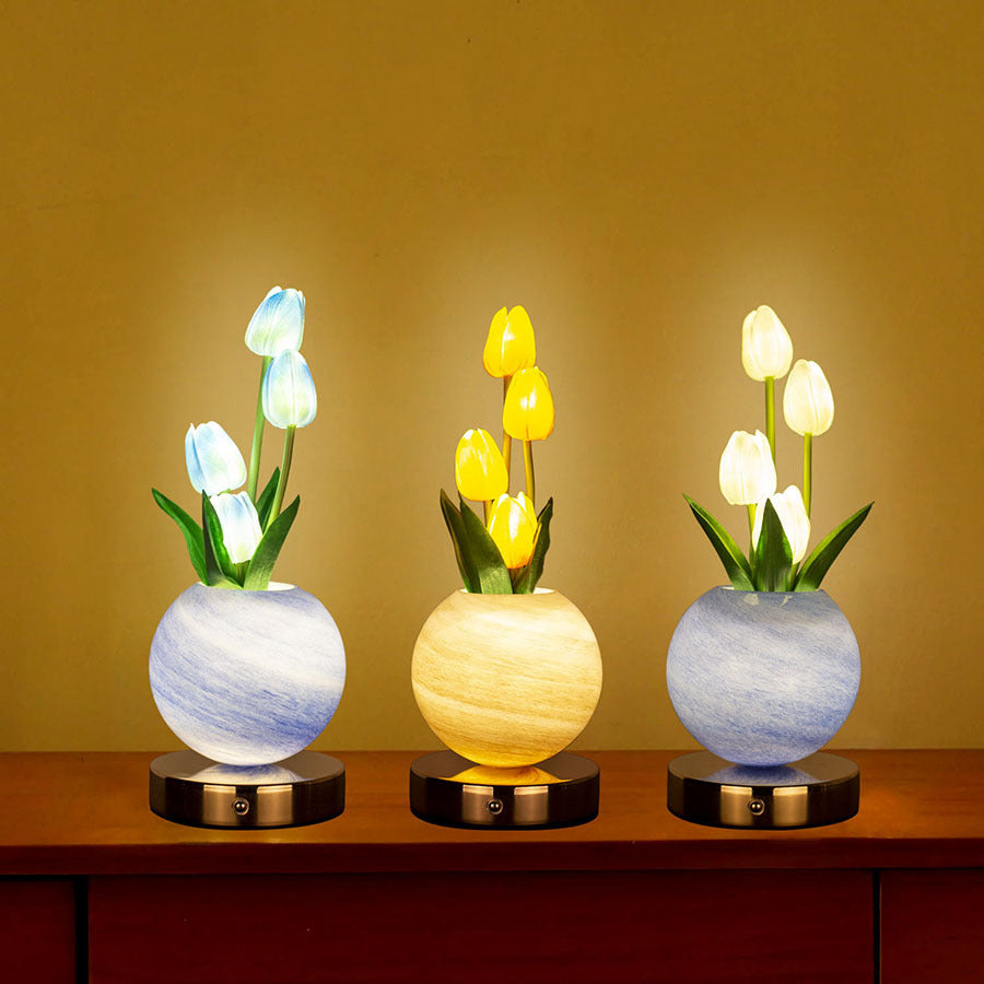 Blue Tulip Night Light with Realistic Bouquet - Dreamy Planet LED Mood Lamp for Bedroom Decor with 3-Color Touch Dimming
