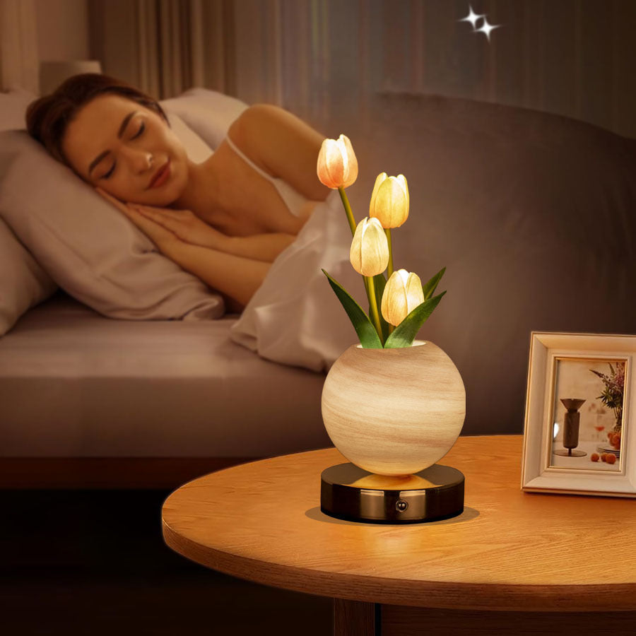 Blue Tulip Night Light with Realistic Bouquet - Dreamy Planet LED Mood Lamp for Bedroom Decor with 3-Color Touch Dimming