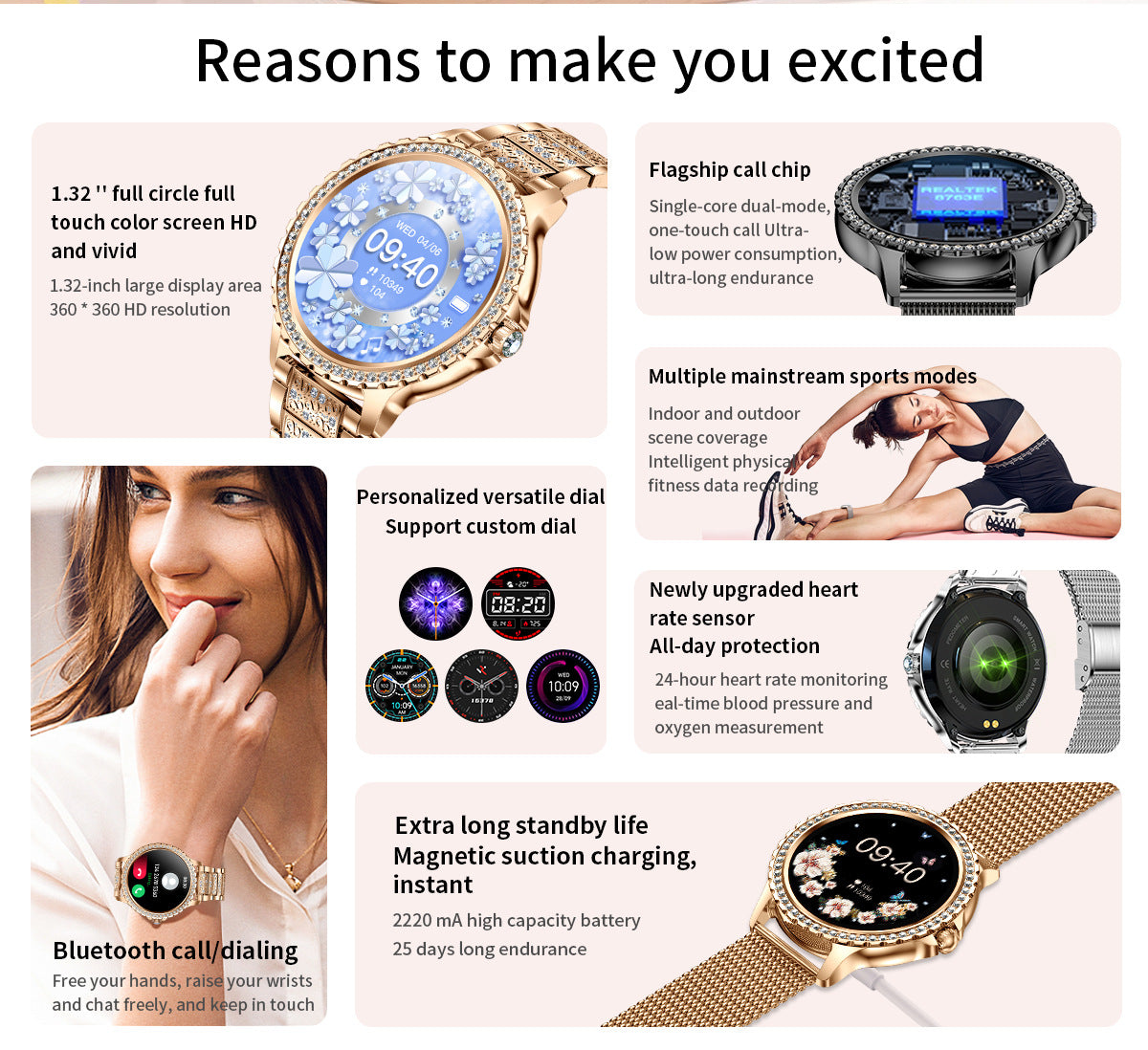 Elegant Women's Smartwatch,HD Touchscreen, Bluetooth Calls, Health Monitoring(Gold Thin Steel Strip)