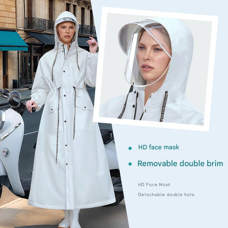 White Women's Long Waterproof Raincoat with Hood and Visor - Stylish Rain Jacket (Size - XL)