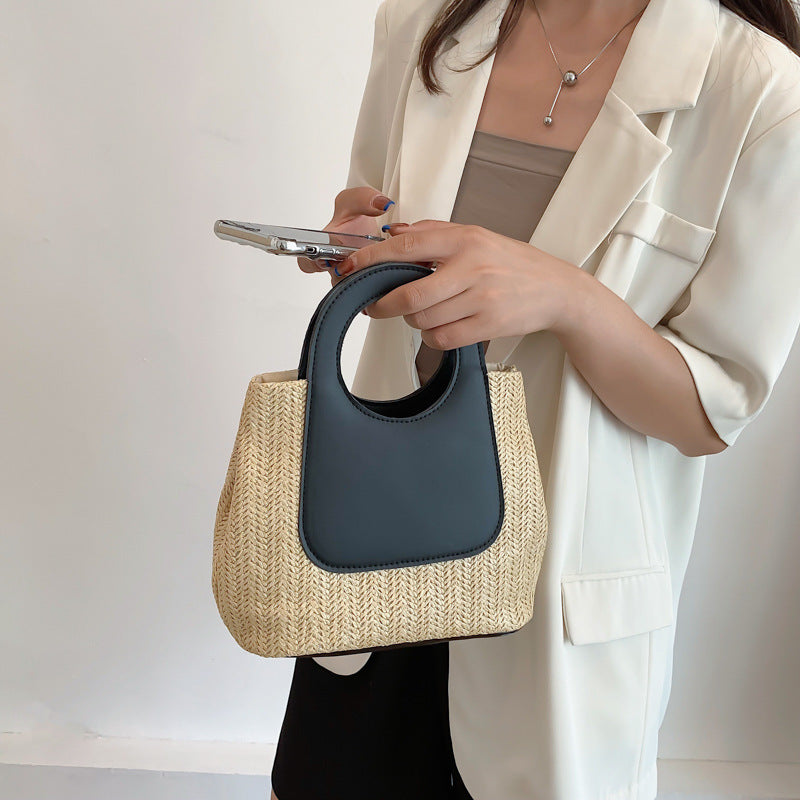 Retro Straw Tote Bag - Woven Handbag with Contrast Panel & Round Handles
