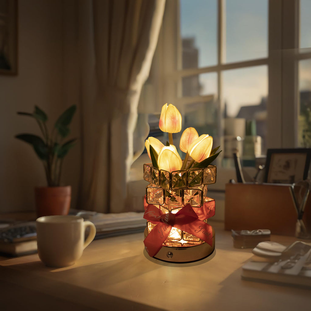 White Elegant Crystal Tulip LED Night Light - Rechargeable Touch Lamp with 3 Colors & Dimming