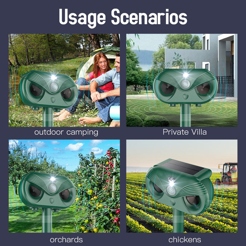 Black Advanced Solar Powered Ultrasonic Animal Repeller - Outdoor Pest Deterrent with Motion Sensor, Strobe Light & Laser