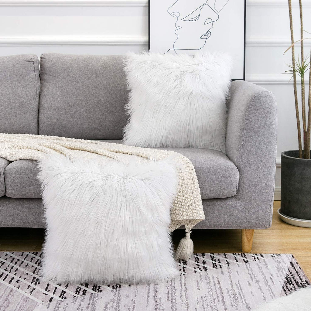 White Luxurious Long Faux Fur Cushion Covers - Set of 2, 45x45cm Soft Plush Decorative Pillowcases for Sofa & Bed