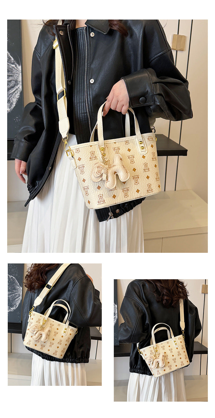 Chic Print Tote Bag with Bear Charm - Versatile Handbag & Crossbody(Pink)