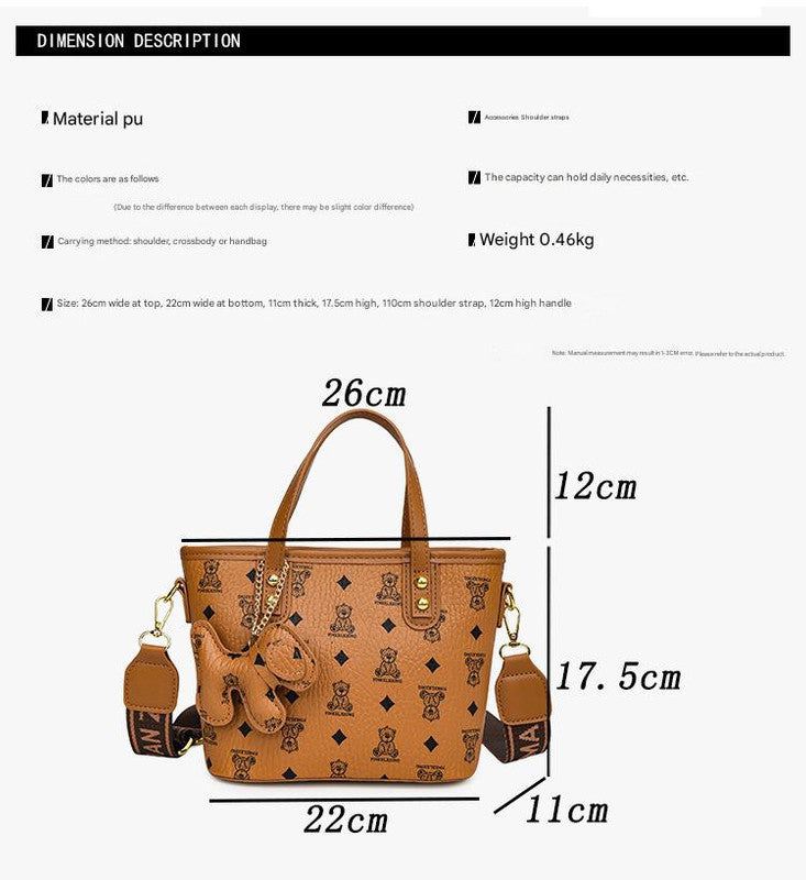 Chic Print Tote Bag with Bear Charm - Versatile Handbag & Crossbody(Pink)