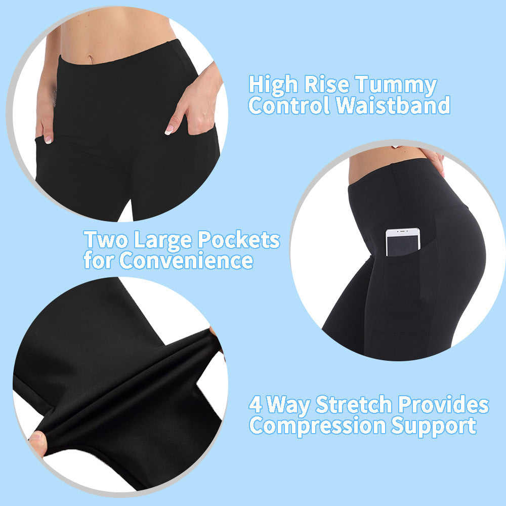 Size M Black Women's Mid Waist Plush Leggings with Pockets - Autumn and Winter Leggings with Pockets