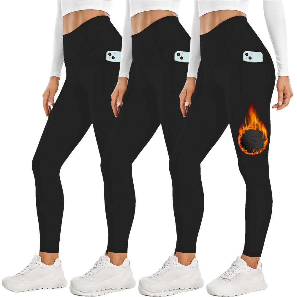 Size L Black Women's Mid Waist Plush Leggings with Pockets - Autumn and Winter Leggings with Pockets
