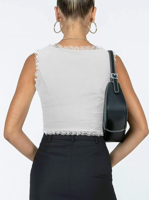 2-Pack White French Vintage Lace Splice Camisole(L Size) - Slim Fit Halter Top with Back Detail and Button Placket