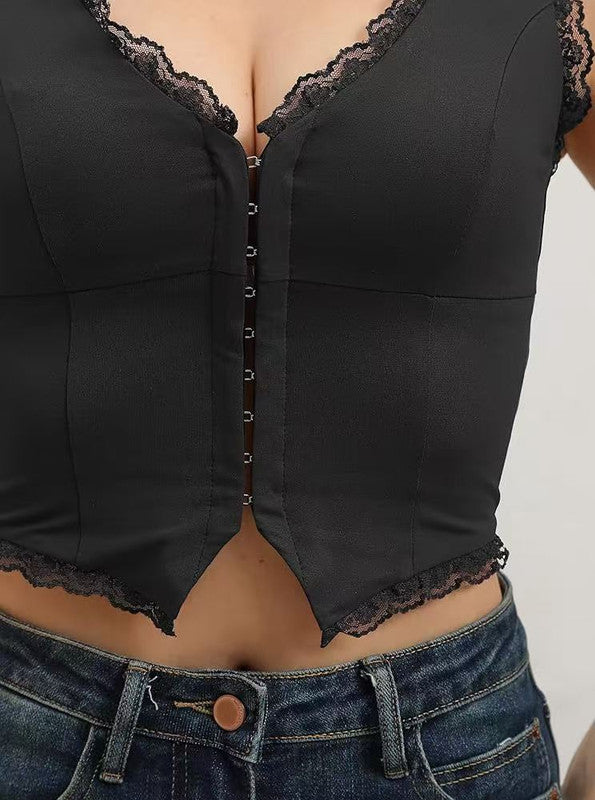 2-Pack Black French Vintage Lace Splice Camisole(M Size) - Slim Fit Halter Top with Back Detail and Button Placket