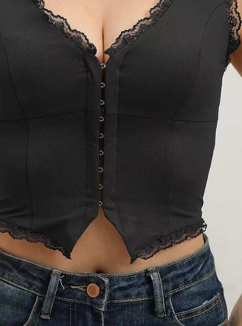 2-Pack Black French Vintage Lace Splice Camisole(L Size) - Slim Fit Halter Top with Back Detail and Button Placket