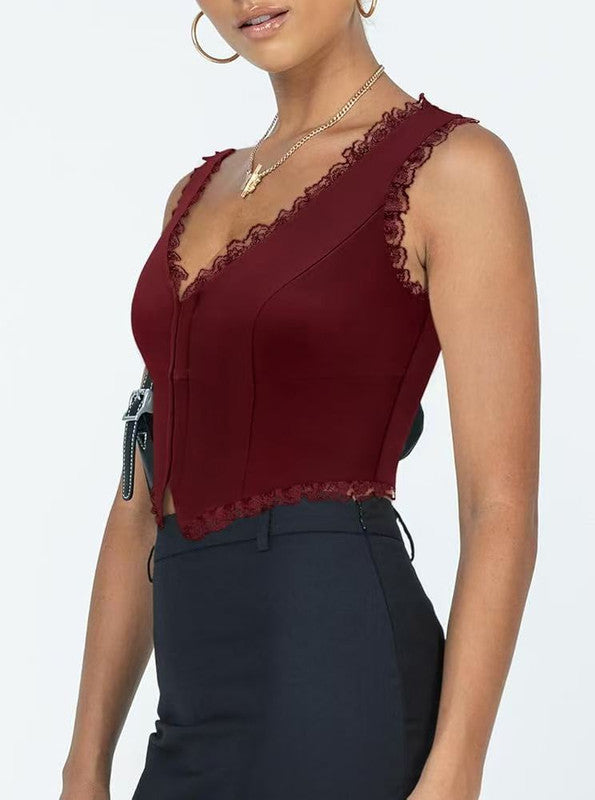 2-Pack Red French Vintage Lace Splice Camisole(S Size) - Slim Fit Halter Top with Back Detail and Button Placket