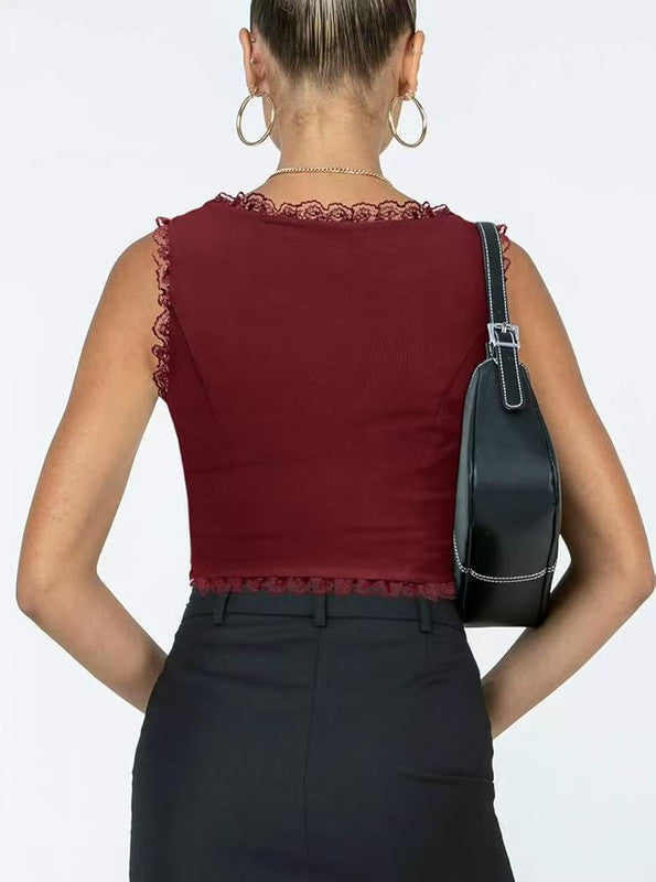2-Pack Red French Vintage Lace Splice Camisole(S Size) - Slim Fit Halter Top with Back Detail and Button Placket