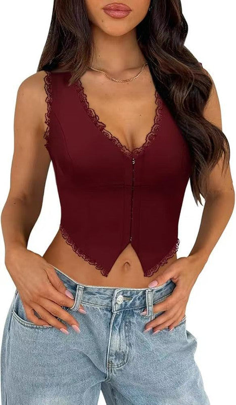 2-Pack Red French Vintage Lace Splice Camisole(M Size) - Slim Fit Halter Top with Back Detail and Button Placket