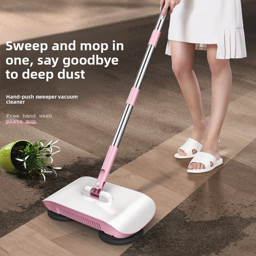 2-in-1 Manual Push Sweeper & Mop with Three Original Clothes - Handheld Floor Cleaner with Sealed Dustbin - Lightweight Cordless Design for Hardwood, Tile, and Marble Floors - Blue