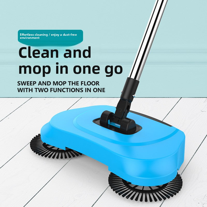 3-in-1 Hand Push Floor Sweeper - Manual Spinning Broom, Dustpan & Mop Combo - Silent Non-Electric Cleaning for Hardwood & Tiles - Lightweight Sky Blue
