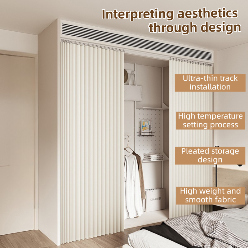 120 X 180 CM Gray Blue Linen-Look Dust Drill-Free Pull-Curtain - Folding Doorless Closet Divider with Magnetic Closure & Hanging Rings