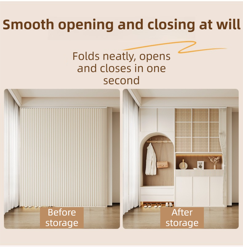 150 X 180 CM White Linen-Look Dust Drill-Free Pull-Curtain - Folding Doorless Closet Divider with Magnetic Closure & Hanging Rings