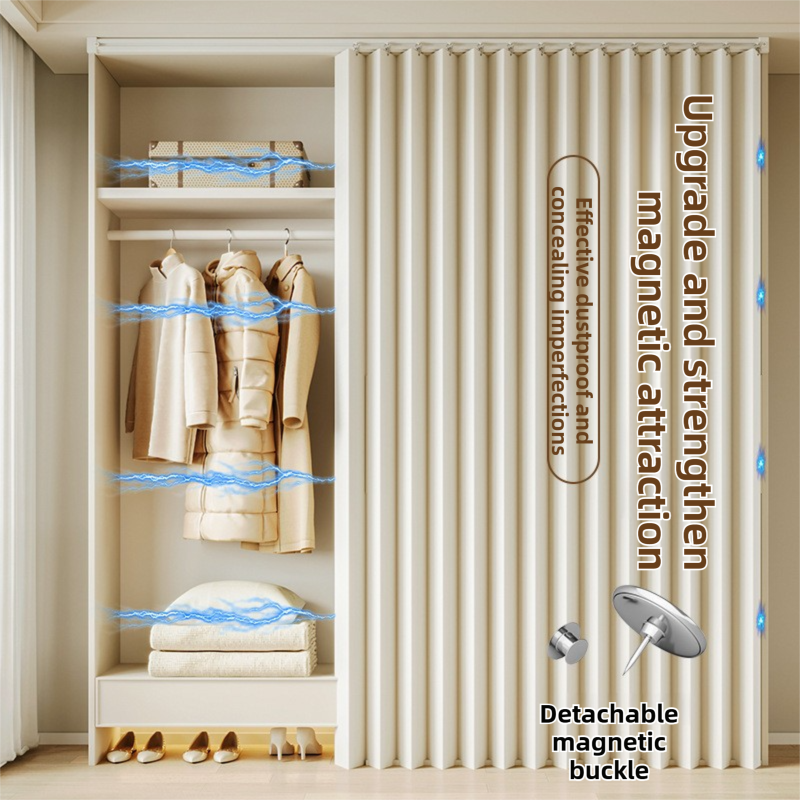 150 X 180 CM Light Gray Linen-Look Dust Drill-Free Pull-Curtain - Folding Doorless Closet Divider with Magnetic Closure & Hanging Rings
