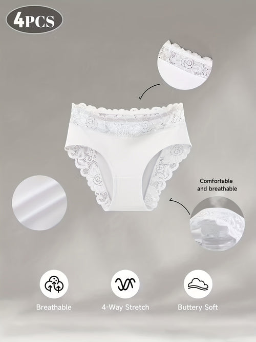 4-Pack White Elegant High-Waist Lace Panties for Women(Size S) - Tummy Control & Butt Lifting Briefs, Breathable Underwear with Cotton Crotch Lining