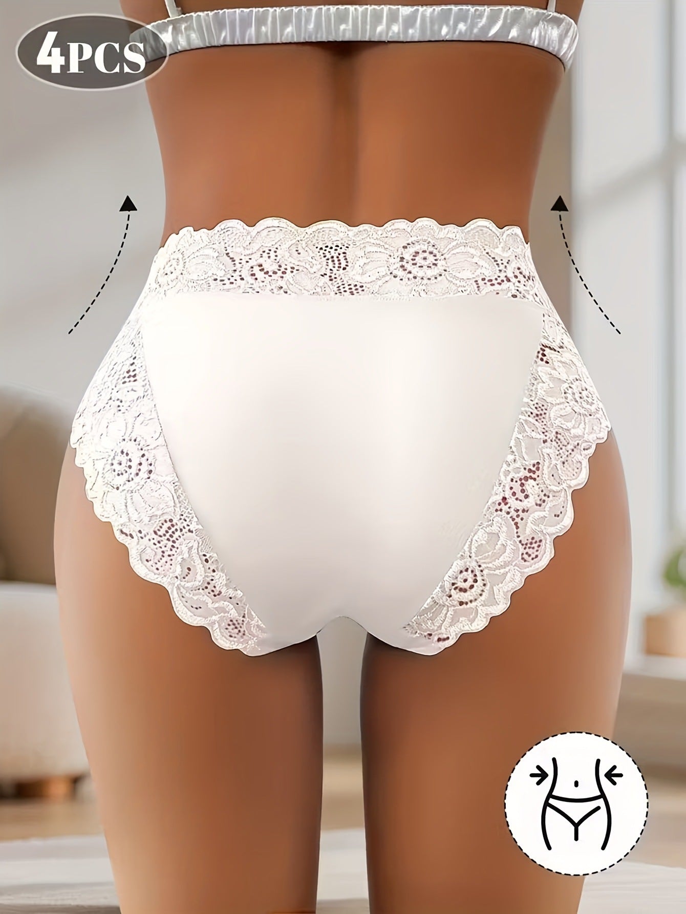 4-Pack White Elegant High-Waist Lace Panties for Women(Size XL) - Tummy Control & Butt Lifting Briefs, Breathable Underwear with Cotton Crotch Lining