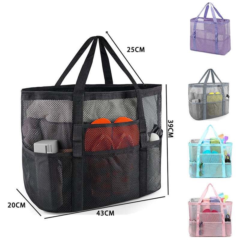 2-PCS Grey Mesh Beach Tote Bag – Large Capacity Swim Gear Organizer with Multiple Pockets for Shoes, Swimsuits, and Essentials