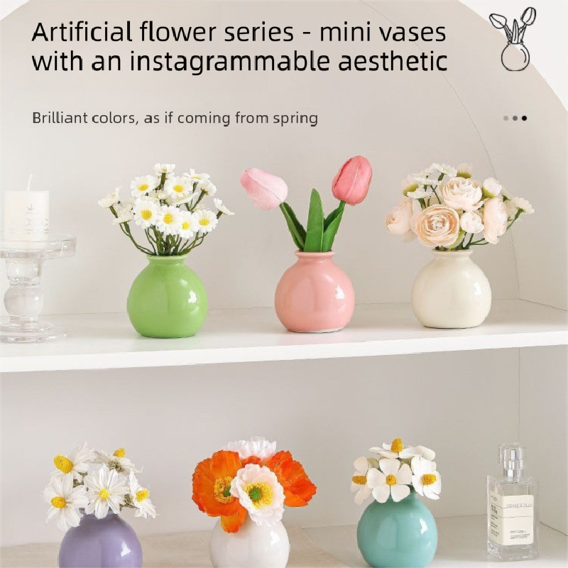 Ceramic Vase with Artificial Flowers Set – Mini Decorative Pot for Home Living Room or Desk Display(White vase with yellow daisies)