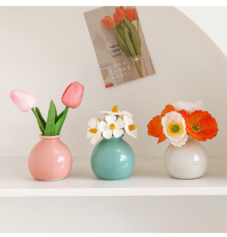 Ceramic Vase with Artificial Flowers Set – Mini Decorative Pot for Home Living Room or Desk Display(Blue bottle and white tulips)